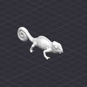 May include: A white 3D printed chameleon figurine with a curled tail. The chameleon is posed in a walking position with its head turned to the side.