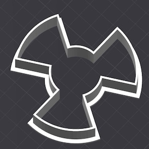 Peut inclure: Un symbole de radiation blanc en trois dimensions avec un centre circulaire et trois bras.