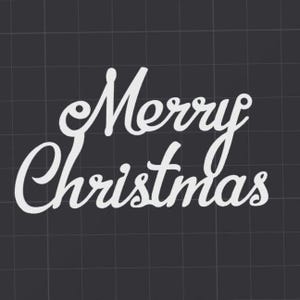 May include: White cursive "Merry Christmas" text on a dark gray background with a grid pattern. The text is stylized with elegant, flowing lines, perfect for holiday decorations and crafts.