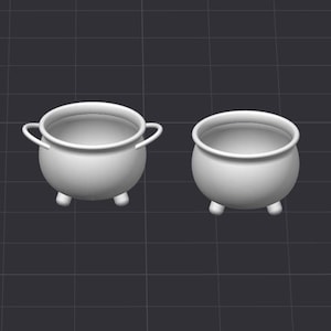 May include: Two small, white cauldrons. One has two curved handles, the other has none. Both have three short legs and a rounded body. The cauldrons are set against a dark grey grid background.