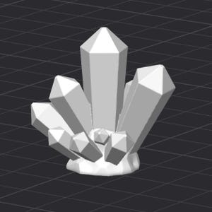 May include: A collection of white crystal structures, varying in size and form, grouped together. The crystals feature sharp, geometric faces and are positioned on a rounded base. The image is set against a dark background with a grid pattern.