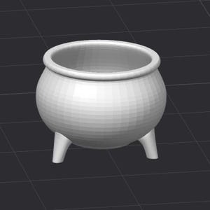 Puede incluir: Un caldero gris claro renderizado en 3D, con un cuerpo redondeado y tres patas cortas. El caldero tiene una parte superior ancha y abierta y un borde grueso. El objeto está sobre un fondo de cuadrícula gris oscuro.