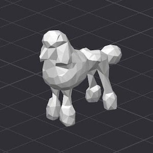 May include: A 3D-rendered, low-poly poodle sculpture in shades of gray. The dog is depicted in a standing pose, with geometric shapes defining its form. The background is a dark gray grid.
