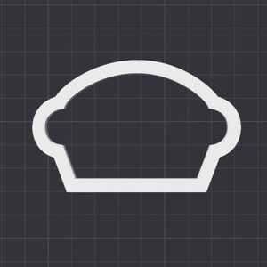 Könnte beinhalten: Eine weiße, stilisierte Umrisszeichnung eines Kuchens oder einer Tarte, mit gewölbter Oberseite und gewelltem Rand. Das Design befindet sich vor einem dunkelgrauen Gitterhintergrund und erzeugt eine schlichte, klare Ästhetik.