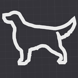 May include: A white silhouette of a dog standing on a black and white grid background.