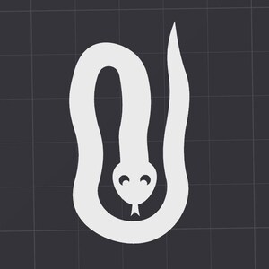 May include: A white silhouette of a snake curled into a circle with its head facing forward. The snake has a simple, cartoon-like face with two eyes and a small mouth.