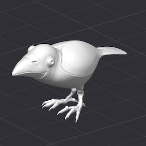 Puede incluir: Un modelo 3D blanco de un cuervo de dibujos animados con un pico grande y ojos grandes. El cuervo está de pie sobre sus dos pies con las alas plegadas.