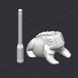 May include: A 3D-rendered, light gray frog figurine with a cylindrical, ribbed object. The frog has a detailed, textured design, with visible eyes and a textured back. The cylindrical object is smooth and has a rounded top.