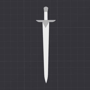 May include: A silver sword with a pointed tip and a cross guard. The sword is on a dark gray background.