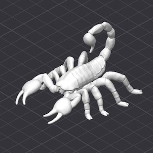 Könnte beinhalten: Eine weiße, plastische Skorpionsfigur mit einem segmentierten Körper und acht Beinen. Der Skorpion ist in einer Pose mit erhobenem Schwanz und nach vorne gerichtetem Stachel.