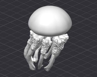 May include: A white 3D printed jellyfish with a round bell and multiple tentacles.