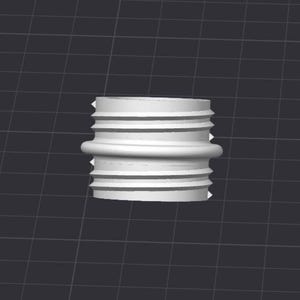 May include: A white, cylindrical bottle stopper with a threaded exterior. The stopper has a series of horizontal ridges and a slightly bulbous midsection. The background is a dark gray grid.