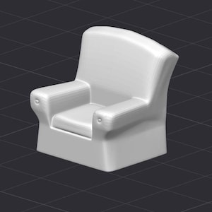 May include: A white armchair with a curved back and armrests. The chair has a square seat and a solid base. The design is simple and modern, with rounded edges and a smooth surface. The chair is set against a dark background.