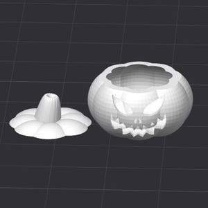 May include: A white, 3D-rendered Halloween pumpkin with a carved face and a separate lid. The pumpkin has a wide opening at the top and a stem-shaped lid. The carved face features triangular eyes and a jagged mouth. The background is a dark gray grid.