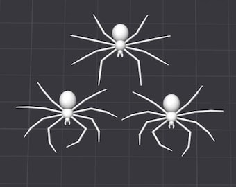 May include: Three white spider illustrations with eight legs each, a rounded body, and a small head. The spiders are evenly spaced against a dark gray grid background.