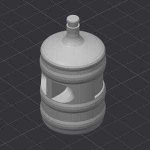 May include: A gray, cylindrical water bottle with a rounded top and a small handle. The bottle has a series of horizontal ridges and a curved cutout on the side. The design is simple and modern, suitable for various uses.