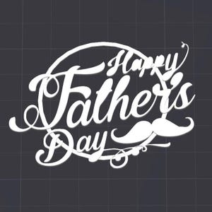May include: White cursive text on a dark gray background reads "Happy Father's Day." The text is encircled by a decorative flourish, with a stylized mustache below the words. The design is simple and elegant.