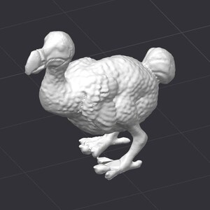 Pode incluir: Um modelo 3D impresso em branco de um dodo. O modelo é detalhado e mostra as características distintivas da ave, incluindo suas pernas curtas e grossas e seu corpo grande e arredondado.