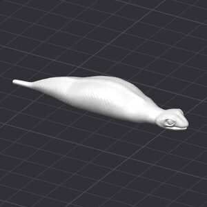 May include: A white, stylized sculpture of a snake or serpent, lying horizontally. The sculpture has a smooth, rounded body with subtle texture and a detailed head with visible eyes. The background is a dark gray grid.