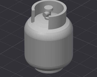 May include: A grey propane gas cylinder, featuring a cylindrical body and a rounded top section with a handle and valve. The background is a dark grey grid.