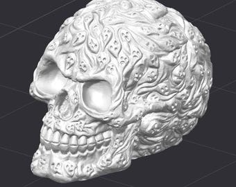 May include: A white ceramic skull sculpture featuring a detailed design of ghostly faces on the surface.
