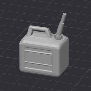 May include: A gray plastic fuel container with a handle, a spout, and a screw-on cap. The container has a rectangular design with a recessed panel on the front. The background is a dark gray grid.