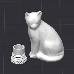 以下が含まれることがあります： 座った姿勢の3Dレンダリングされた白い猫の置物で、左側に円筒形のオブジェクトがあります。猫は滑らかでミニマリストなデザインです。円筒形のオブジェクトはテクスチャード加工されたベースを持っています。