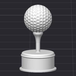 May include: A white golf trophy featuring a golf ball atop a tee, mounted on a cylindrical base. The golf ball has a dimpled surface, and the tee is slender. The base has a simple, rounded design.