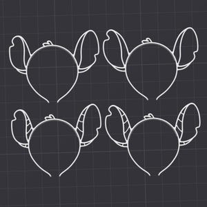 May include: Four white outline headbands with large, stylized ears, arranged on a dark gray grid background. The headbands feature a circular center and curved ear shapes, perfect for themed events or costumes.