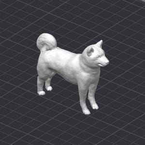 May include: A white ceramic figurine of a dog standing on a gray grid background.