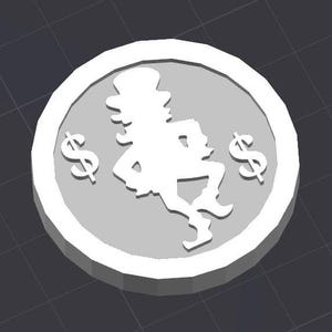May include: A white coin with a silhouette of a leprechaun wearing a hat and holding a bag of gold. The coin has dollar signs on either side of the leprechaun.