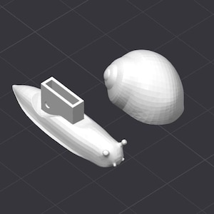 Pode incluir: Um modelo de lesma cinzenta renderizado em 3D com uma estrutura retangular nas costas e uma concha arredondada separada. A lesma tem duas pequenas antenas e uma superfície texturizada. O fundo é uma grelha cinza escuro.