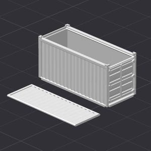 Può includere: Un modello bianco di container per spedizioni con coperchio rimovibile. Il container ha una forma rettangolare con scanalature verticali sui lati e una porta a un'estremità. Il coperchio è piatto e rettangolare. Lo sfondo è una superficie scura e piastrellata.
