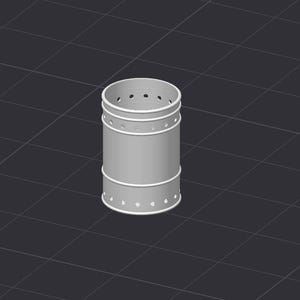 May include: A cylindrical, gray object with white trim and evenly spaced holes. The object has a series of white bands around its circumference. The top and bottom edges are also trimmed in white. The object is set against a dark gray grid background.