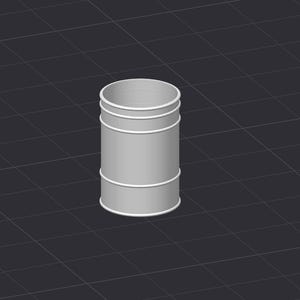 May include: A cylindrical, gray object with white trim around the top, middle, and bottom. The object is set against a dark gray, grid-patterned background. The design is simple and geometric.