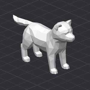 May include: A white, low-poly 3D model of a dog standing on a gray grid background.