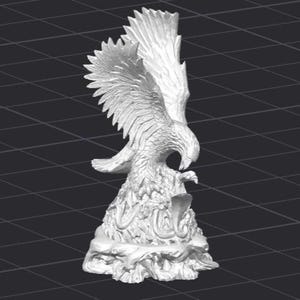 May include: A white sculpture of an eagle with its wings spread wide. The eagle is perched on a textured base. The sculpture is highly detailed, with visible feather patterns. The artwork is rendered in a 3D style.