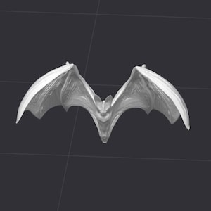 Puede incluir: Imagen en escala de grises de un murciélago con las alas extendidas. El murciélago está centrado, con sus alas completamente extendidas, mostrando detalles intrincados. El fondo es gris oscuro, contrastando con la forma del murciélago.