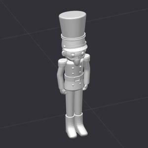 May include: A 3D-rendered, monochromatic image of a toy soldier nutcracker. The figure is wearing a tall hat, a military-style jacket with buttons, a belt, and boots. The background is a dark gray color.