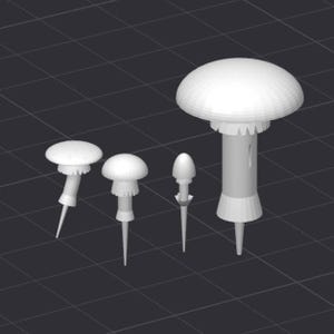 May include: A collection of white mushroom-shaped objects, varying in size and design. The mushrooms have rounded caps and slender stems, with some featuring detailed textures. The objects are set against a dark, grid-patterned background.