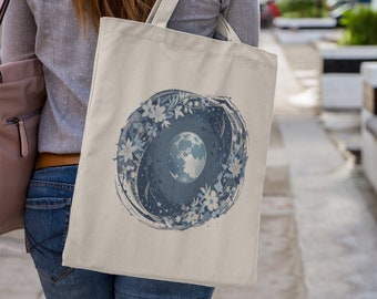 Celestial Lunar Tote, Moon and Flower Bag, Wildflower Tote, Nature Lover Tote, Flower Blossom Bag, Teacher Gift, Astronomy Tote, Astrology