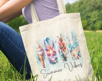 Watercolor Summer Vibes Tote Bag: Tropical Beach Vacation