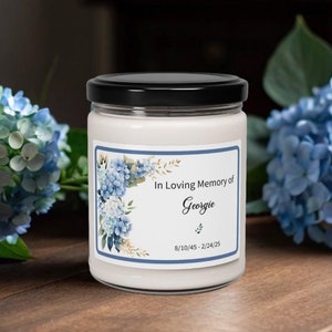 Custom Hydrangeas Memorial Candle, Sympathy Gift for Loss, Condolences Gift, Bereavement Gift, Custom Name Candle, Thinking of You Gifts