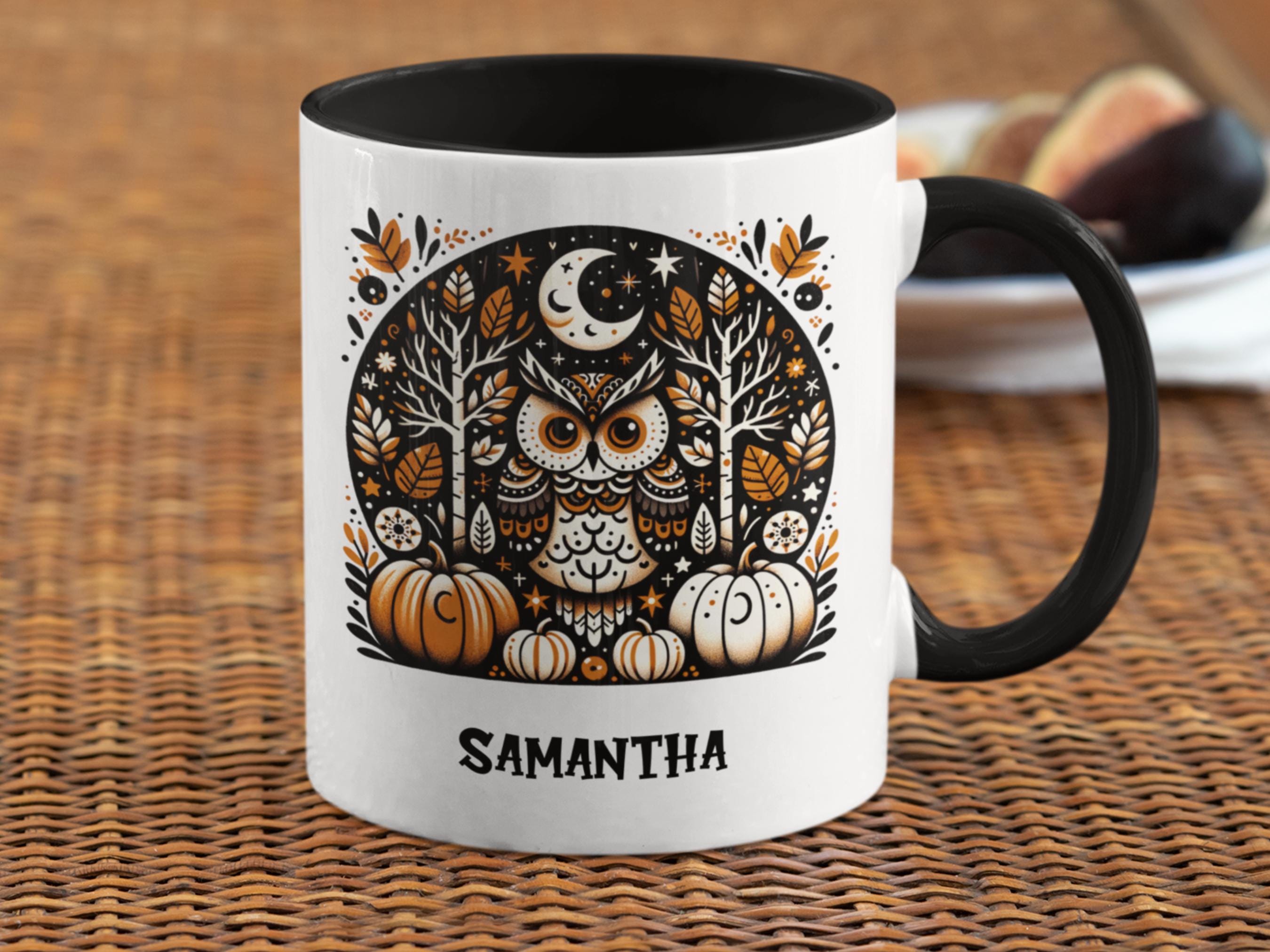 Custom Scandi Owl Mug: Nordic Autumn Forest, Personalized Coffee Cup