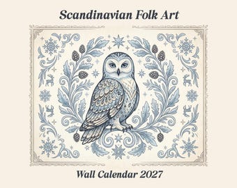 Scandinavian Folk Art 2027 Wall Calendar, Nordic Hygge Design, Boho Cottagecore Gift