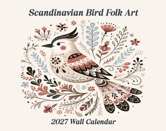 Bird Nordic Folk Art Wall Calendar 2027, Scandinavian Art for Bird Lovers, Bird Watch Gift
