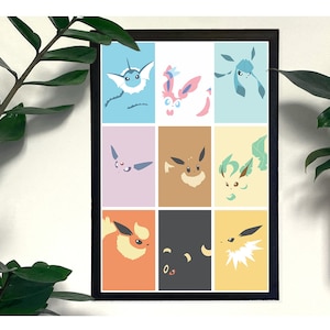 Eevee & Evolutions Pokemon Inspired Video Game Wall Art Minimalist Digital Poster Dimensions Ratio - Both Landscape and Portrait included