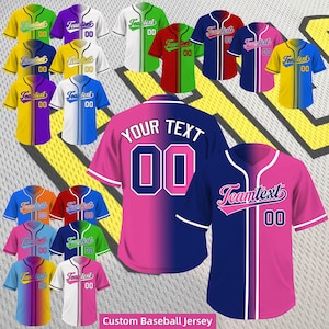 May include: A customizable baseball jersey with a pink and blue color gradient. The jersey has a white trim and the text "YOUR TEXT" and the number "00" on the front. The back of the jersey has the text "Teamtext" and the number "00" in a white and blue font.