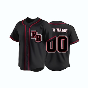 Camiseta de béisbol negra personalizada para hombre y mujer con ribete rojo. Diseño de letra RB personalizado con prensa de calor y número 00.