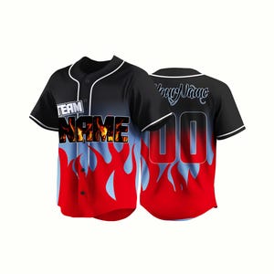 May include: Black baseball jersey with red and light blue flame design. The jersey has the word "TEAM" above the word "NAME" in large, flame-style lettering. The back of the jersey has the number "00" and the text "Your Name".